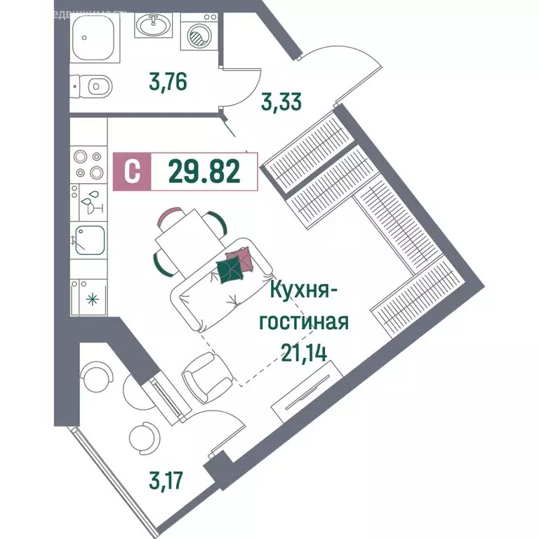 Квартира-студия: Мурино, проспект Авиаторов Балтики, 23к1 (29.82 м) - Фото 1