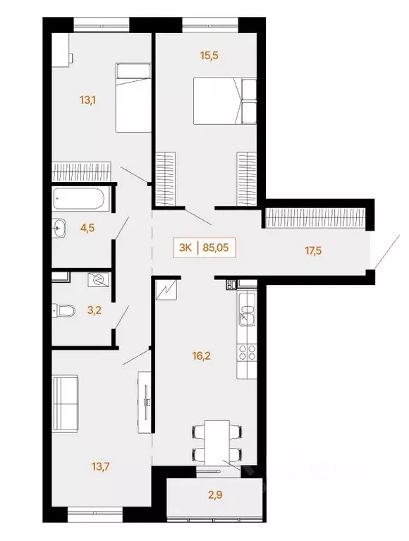 3-к кв. Ханты-Мансийский АО, Ханты-Мансийск Самаровская ул., 2А (85.45 ... - Фото 0