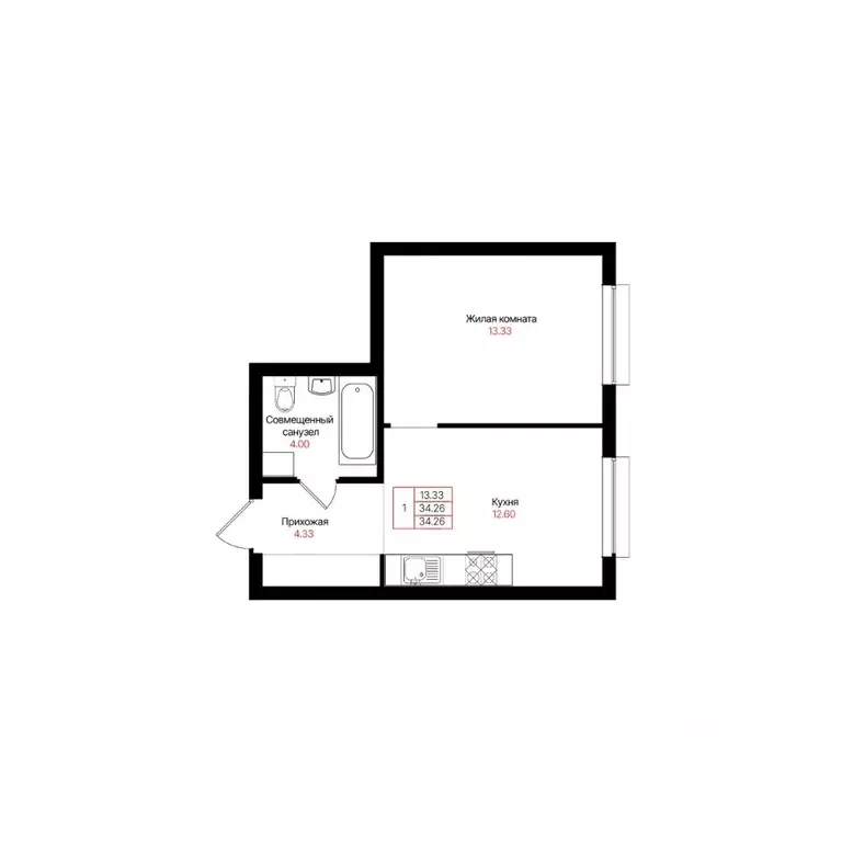 1-к кв. Татарстан, Казань Лето жилой комплекс (34.26 м) - Фото 2