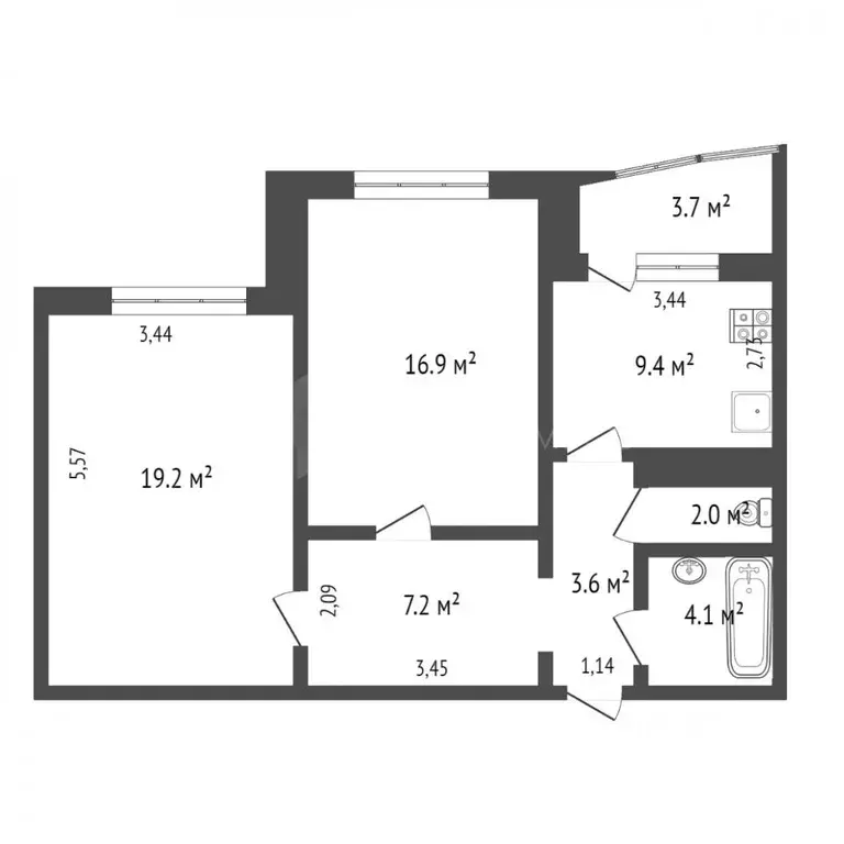 2-к кв. Тюменская область, Тюмень ул. Николая Семенова, 27 (62.0 м) - Фото 1