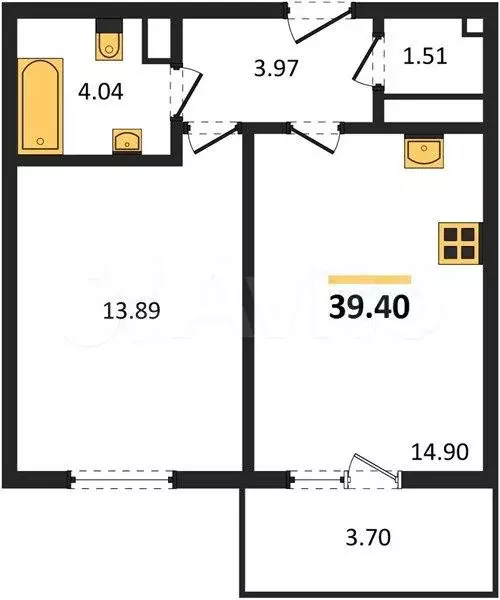 1-к. квартира, 39,4 м, 12/16 эт. - Фото 1