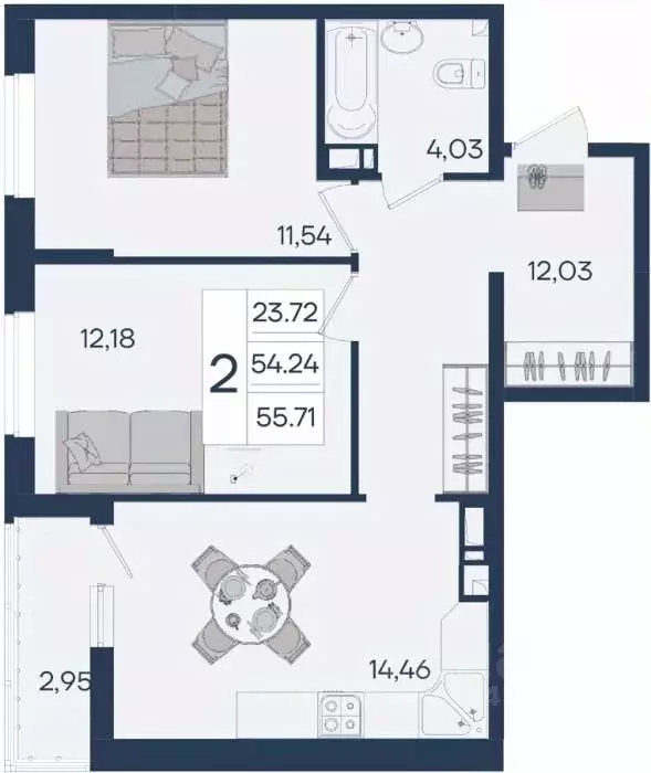 2-к кв. Краснодарский край, Краснодар  (55.71 м) - Фото 1