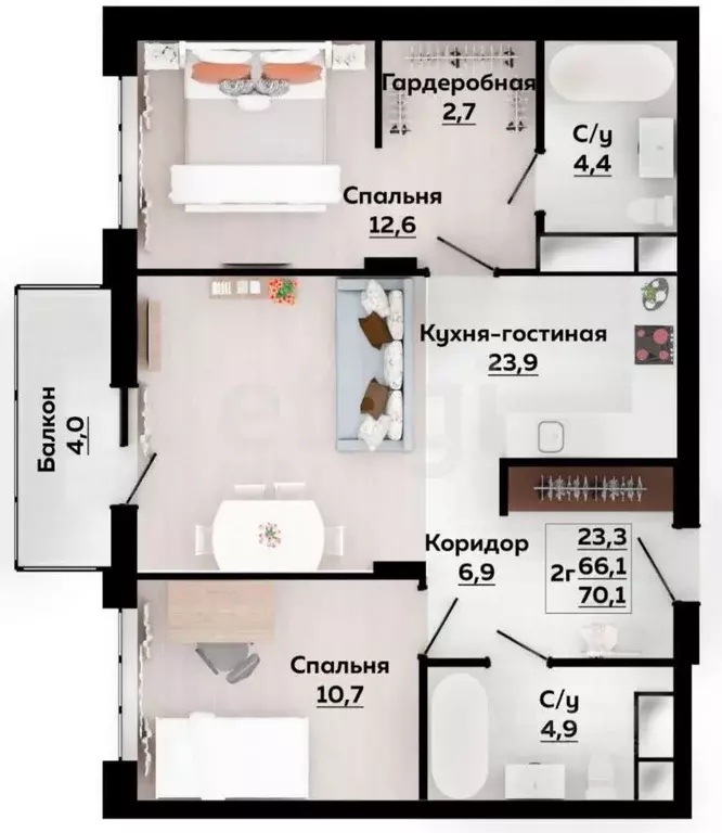 2-к кв. Тульская область, Тула Оборонная ул., 102Б (65.5 м) - Фото 2