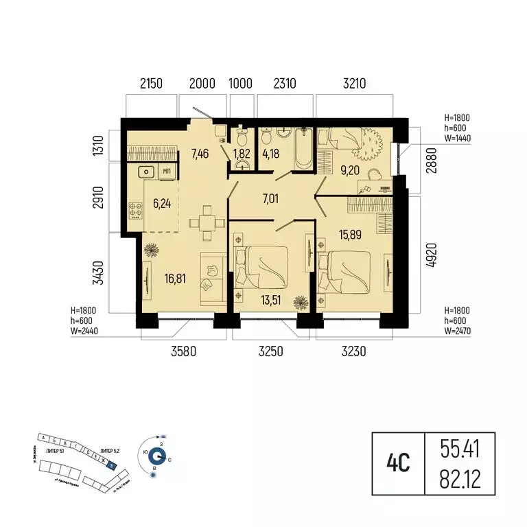 4-комнатная квартира: Уфа, улица Рудольфа Нуреева, 7 (82.12 м) - Фото 1
