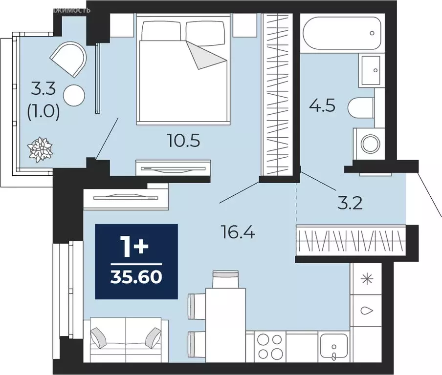 1-комнатная квартира: Тюмень, проезд Капитана Куликова, 5 (37.9 м) - Фото 1