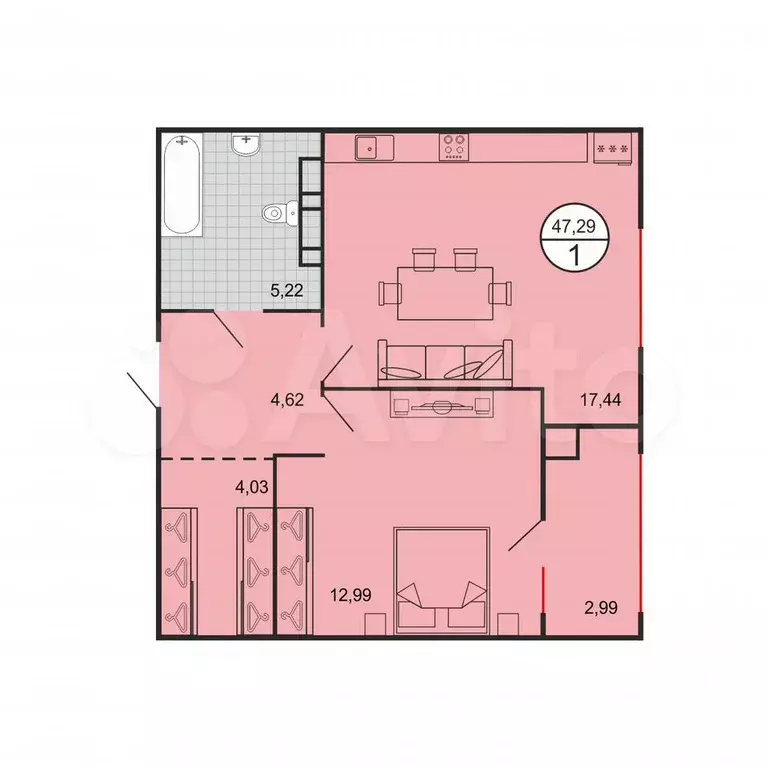 1-к. квартира, 47,6 м, 3/5 эт. - Фото 1