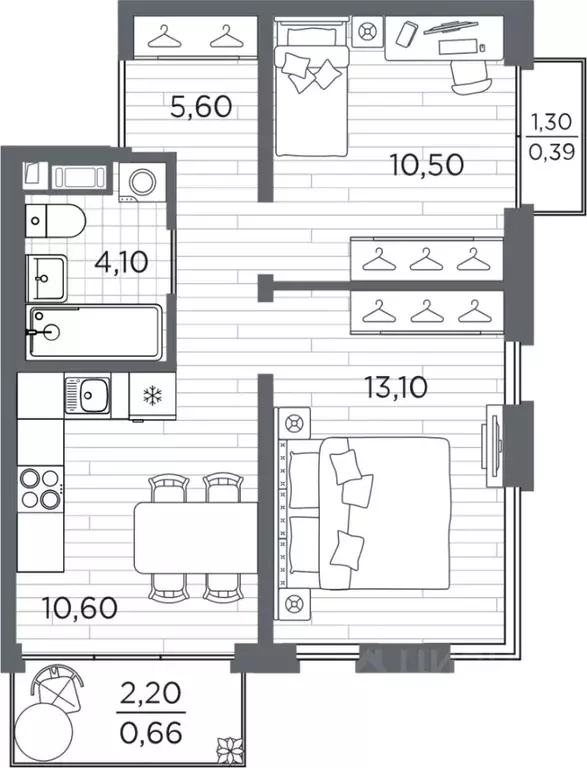2-к кв. Санкт-Петербург Плюс Пулковский жилой комплекс (44.95 м) - Фото 1