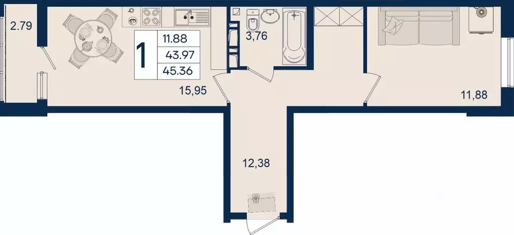 1-к кв. Краснодарский край, Краснодар  (45.36 м) - Фото 1