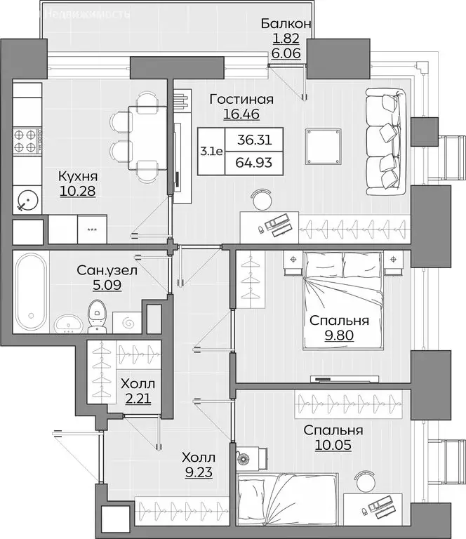 3-комнатная квартира: Казань, ЖК Батталовский (64.94 м) - Фото 0