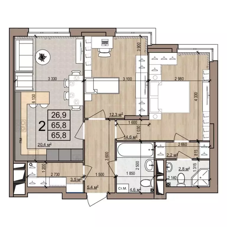 2-к кв. Рязанская область, Рязань ул. Новоселов, 33Б (65.8 м) - Фото 0