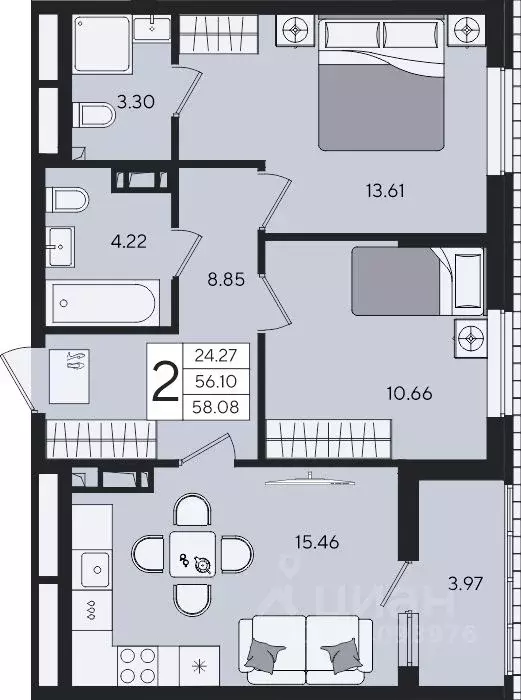 2-к кв. Краснодарский край, Краснодар  (58.08 м) - Фото 2