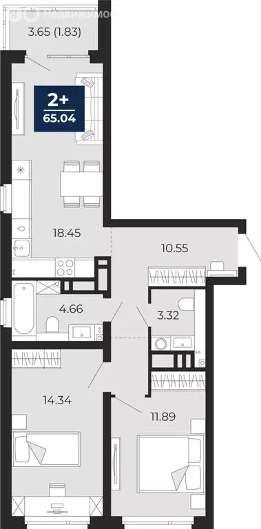 2-комнатная квартира: Тюмень, Арктическая улица, 14 (65.04 м) - Фото 1