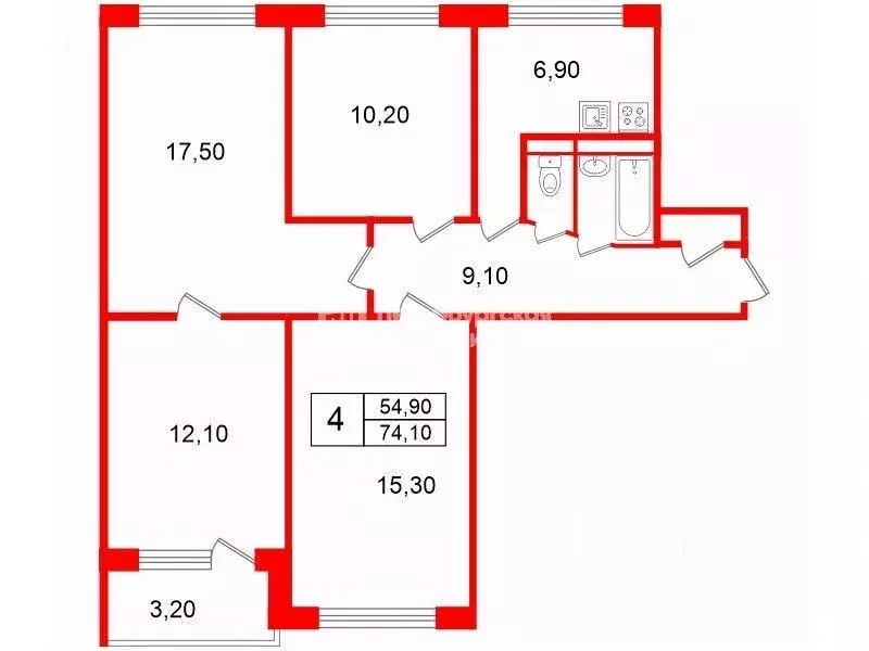 Квартира, 4 комнаты, 74.09 м - Фото 0