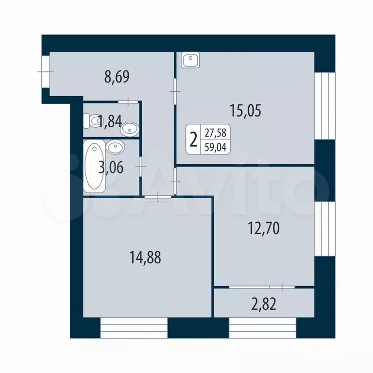 2-к. квартира, 59 м, 2/4 эт. - Фото 1