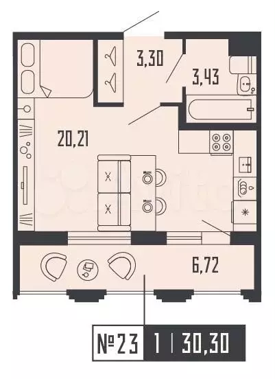 Квартира-студия, 30,3м, 7/24эт. - Фото 1