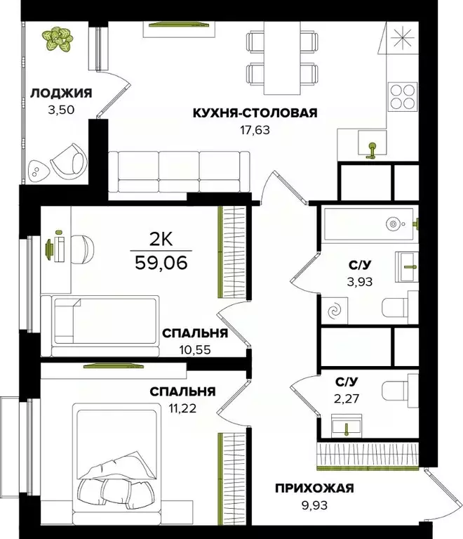 2-к кв. Тульская область, Тула  (59.06 м) - Фото 0