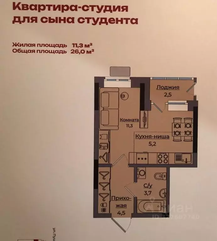 Студия Удмуртия, Ижевск Ботеневский пер., 30к1 (27.2 м) - Фото 1