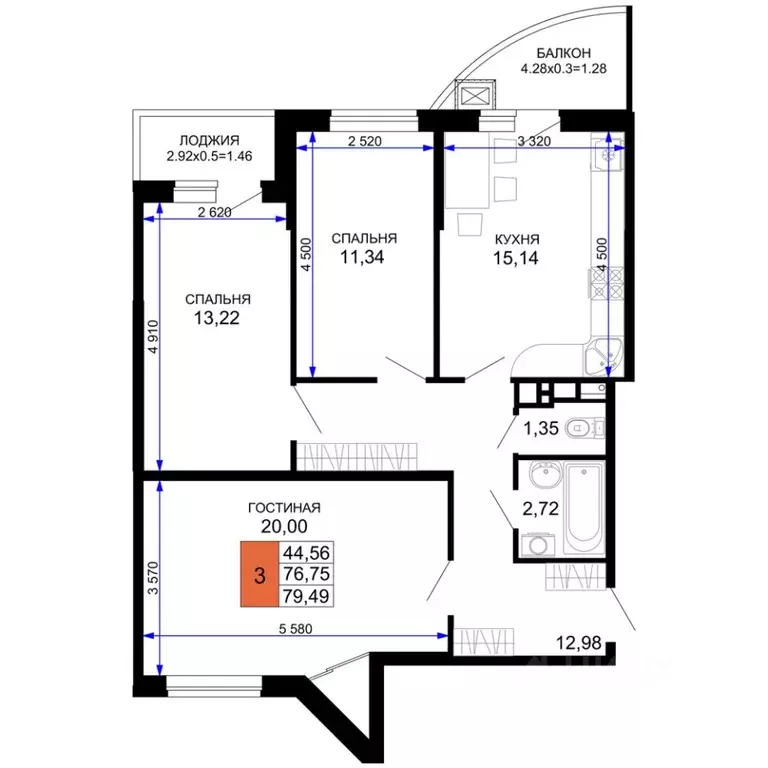 3-к кв. Адыгея, Майкоп  (79.49 м) - Фото 1