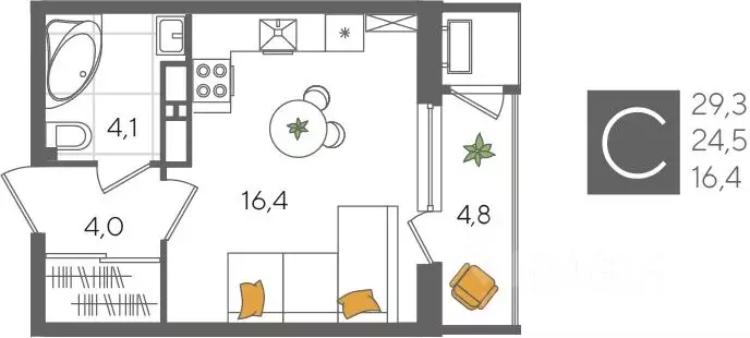 Студия Краснодарский край, Краснодар Новороссийская ул., 102И (29.3 м) - Фото 2