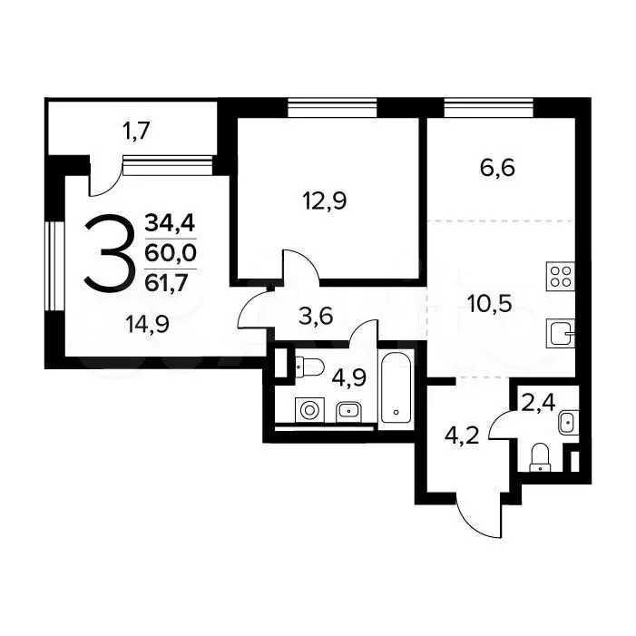 3-к. квартира, 61,7 м, 2/14 эт. - Фото 0