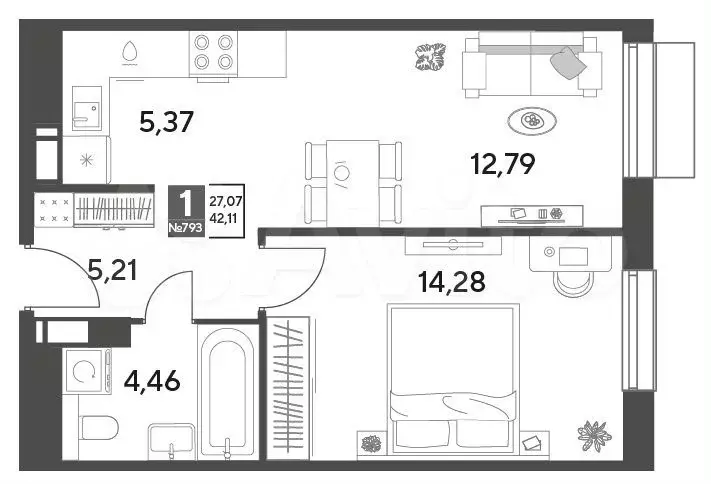 1-к. квартира, 42,1 м, 7/12 эт. - Фото 0