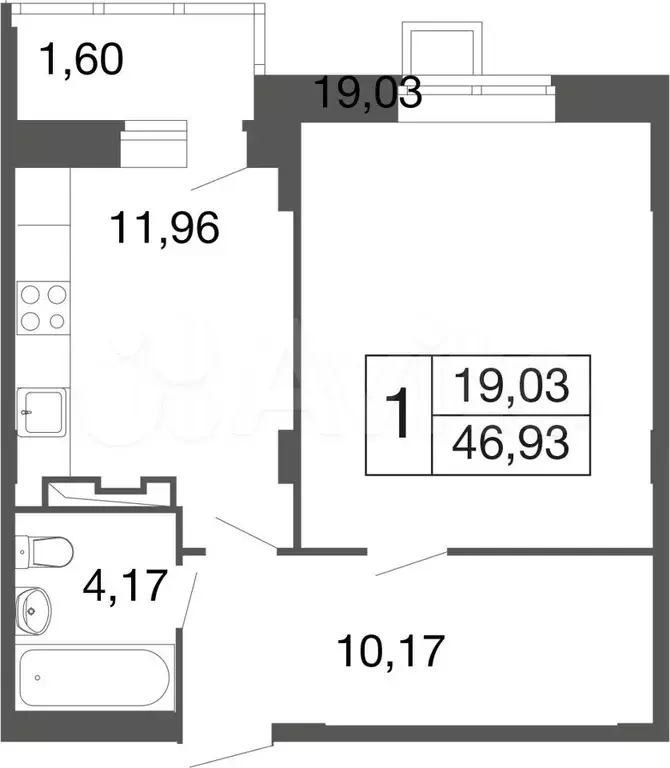 1-к. квартира, 46,9м, 4/9эт. - Фото 0