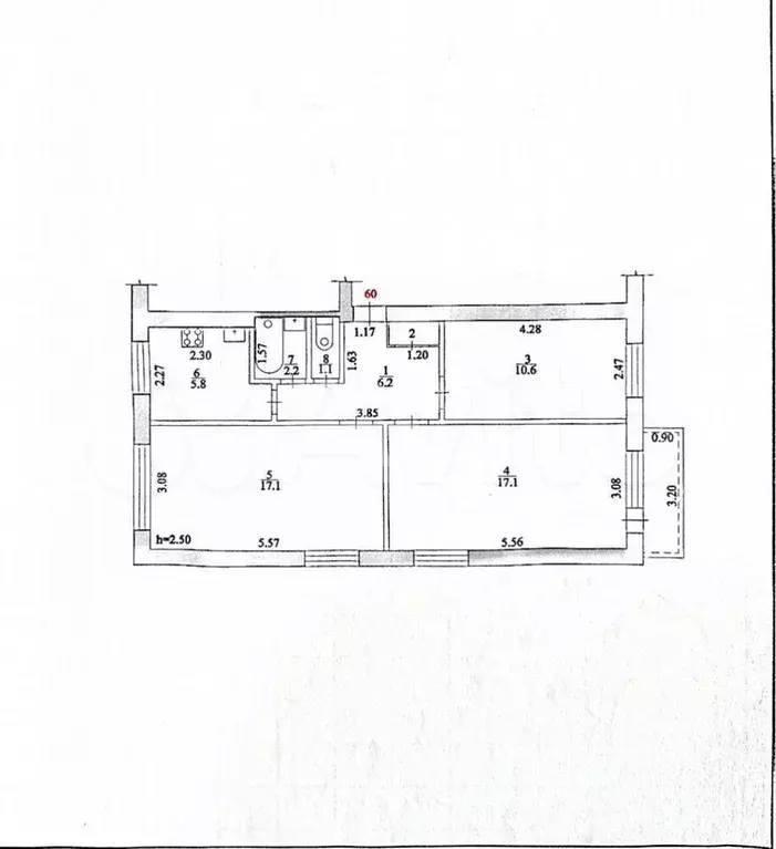3-к. квартира, 60,7 м, 5/5 эт. - Фото 0