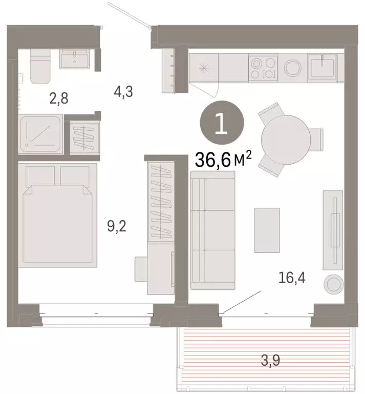 1-комнатная квартира: Тюмень, жилой комплекс На Минской (36.55 м) - Фото 1