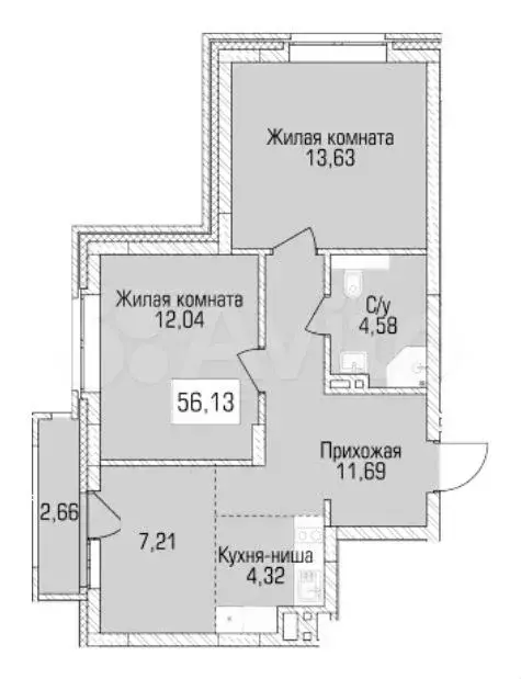 3-к. квартира, 56,1 м, 3/9 эт. - Фото 0