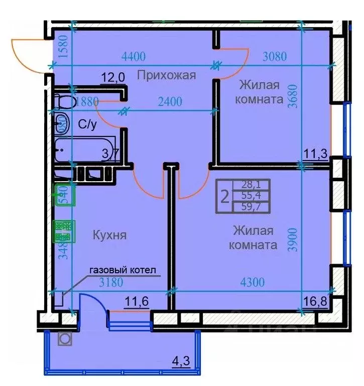 2-к кв. Ставропольский край, Ессентуки ул. Маяковского, 19А (59.7 м) - Фото 0