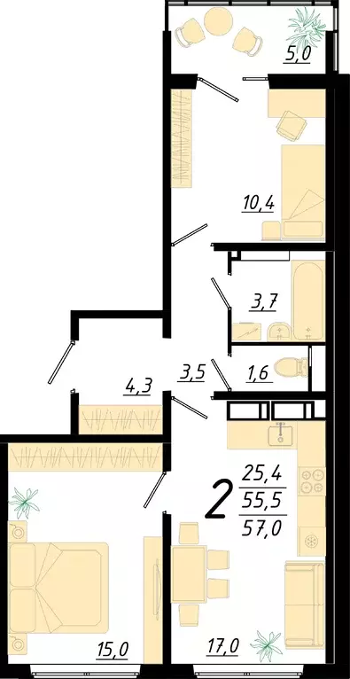 2-к квартира, 57 м - Фото 0