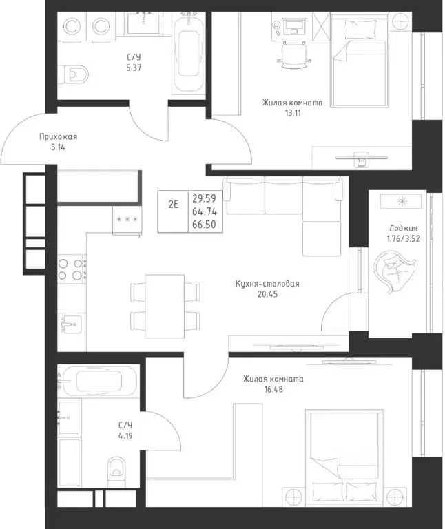 2-к кв. Татарстан, Казань Седьмое Небо жилрайон,  (66.5 м) - Фото 0
