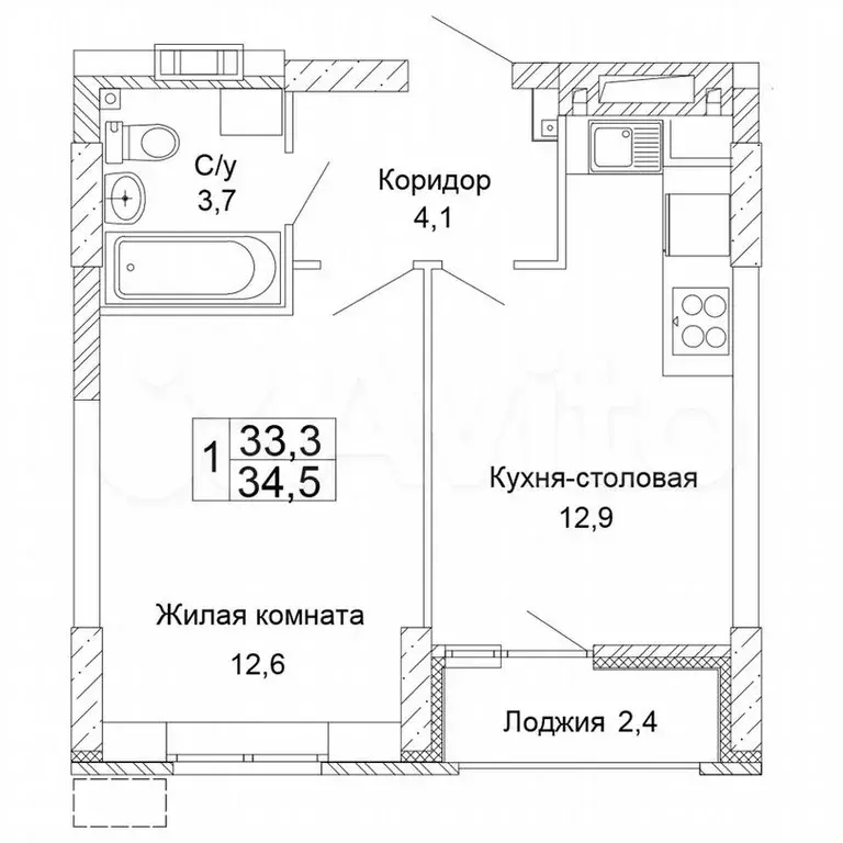 1-к. квартира, 34,5м, 6/17эт. - Фото 0