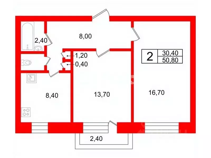 2-к кв. Санкт-Петербург Взлетная ул., 9 (50.8 м) - Фото 2