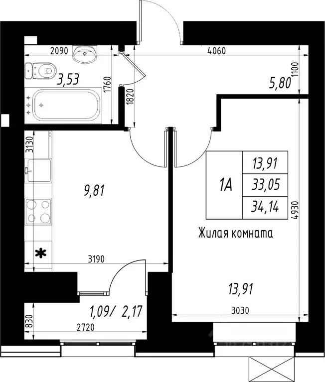 1-к кв. Татарстан, Казань Династия жилой комплекс (34.14 м) - Фото 1