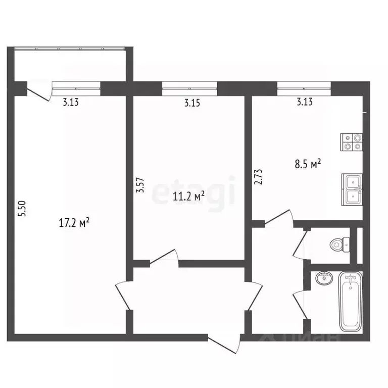 2-к кв. Белгородская область, Белгород ул. 5 Августа, 13в (51.0 м) - Фото 1
