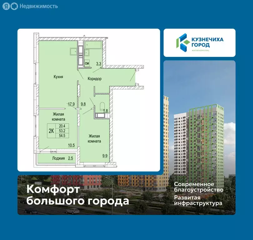2-комнатная квартира: Нижний Новгород, ЖК Кузнечиха Город (54.5 м) - Фото 1