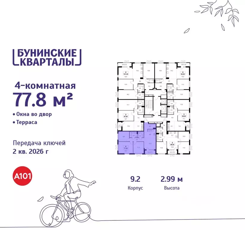 4-к кв. Москва Бунинские Кварталы жилой комплекс, 9.1 (77.8 м) - Фото 1