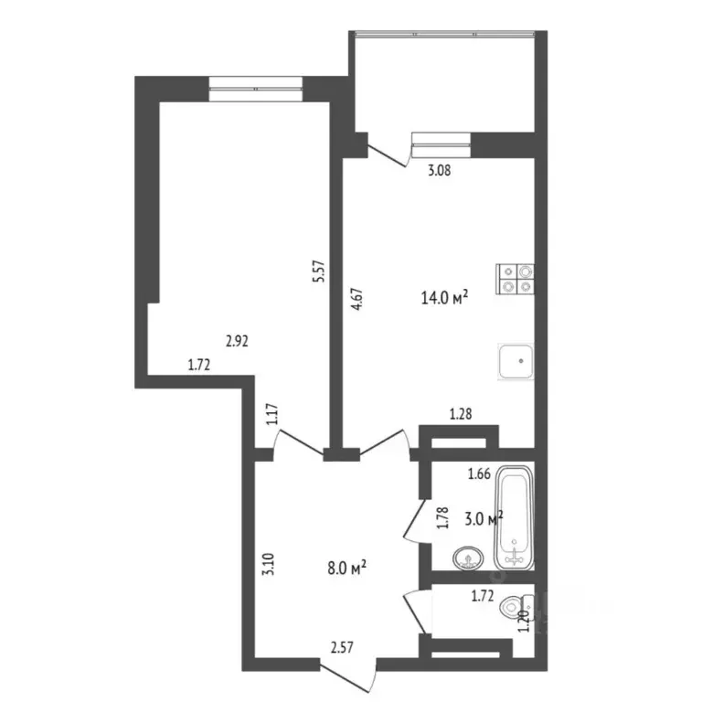 1-к кв. Тюменская область, Тюмень ул. Николая Ростовцева, 23к1 (42.0 ... - Фото 2