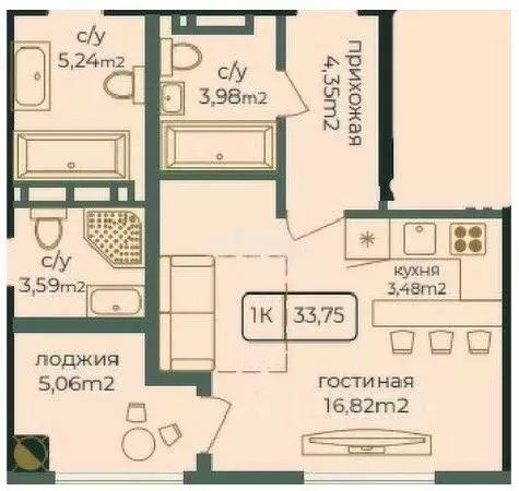 1-к кв. Дагестан, Каспийск просп. Акулиничева (33.75 м) - Фото 0