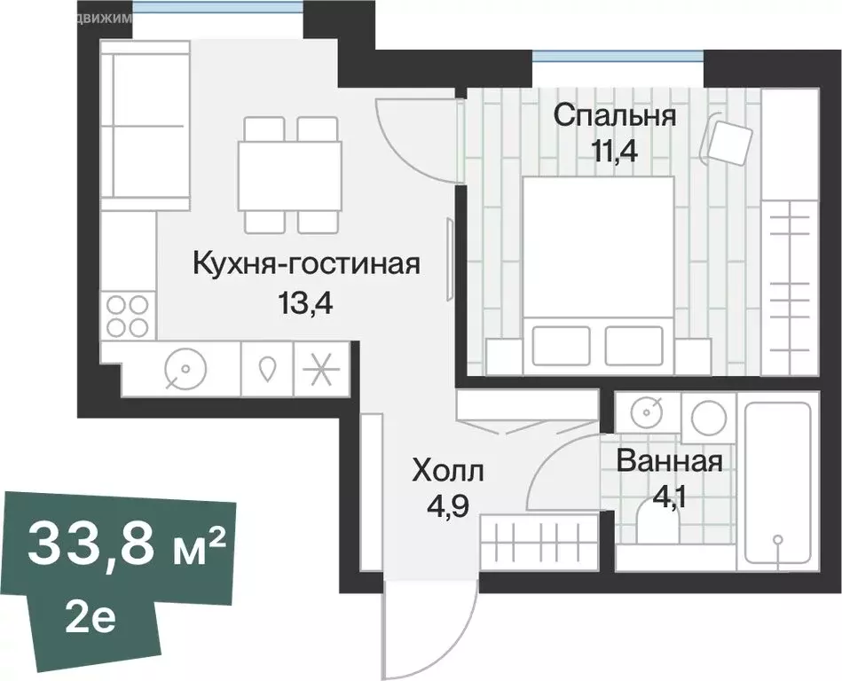 1-комнатная квартира: Тюмень, улица Игоря Комиссарова, 14 (33.84 м) - Фото 2