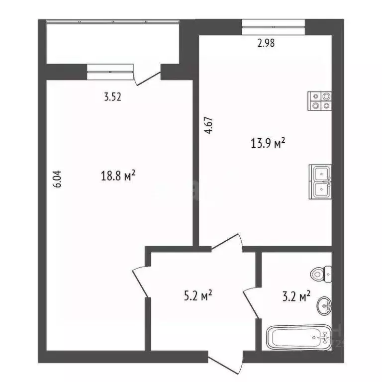 2-к кв. Архангельская область, Архангельск ул. Выучейского, 47к1 (41.4 ... - Фото 1