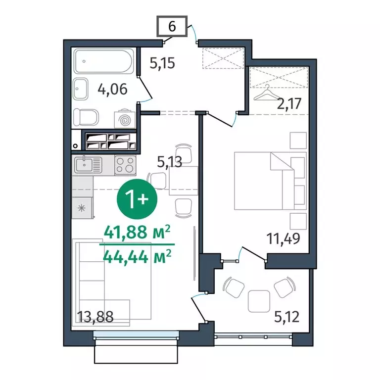 1-комнатная квартира: Тюмень, улица Тимофея Кармацкого, 17 (41.88 м) - Фото 1