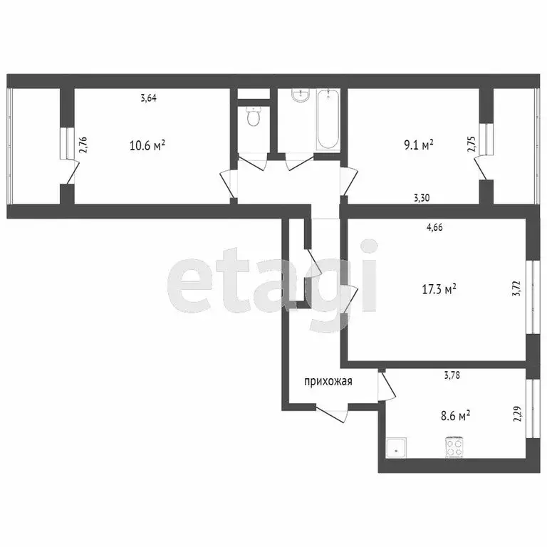 3-комнатная квартира: Нижний Тагил, Черноисточинское шоссе, 42 (63.2 ... - Фото 1