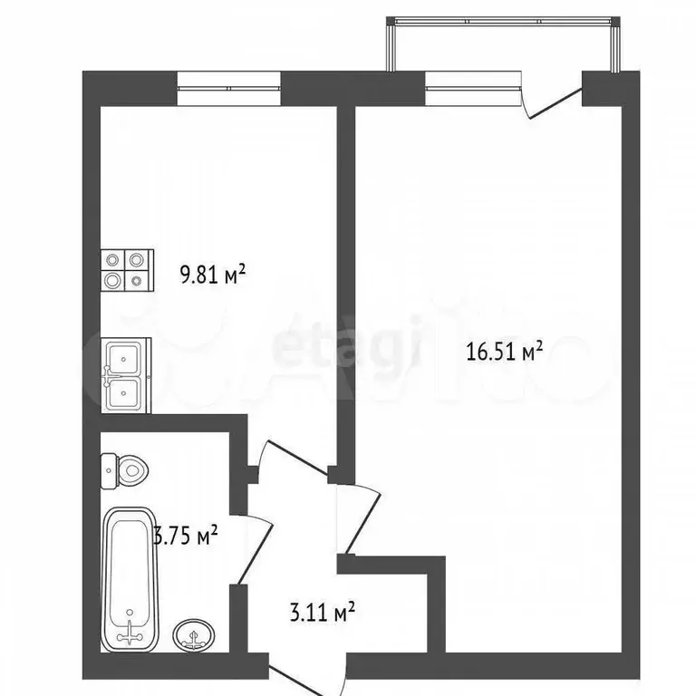 1-к. квартира, 33,4 м, 2/3 эт. - Фото 0