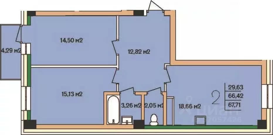 2-к кв. Бурятия, Улан-Удэ 140А мкр, 42к1 (67.71 м) - Фото 1