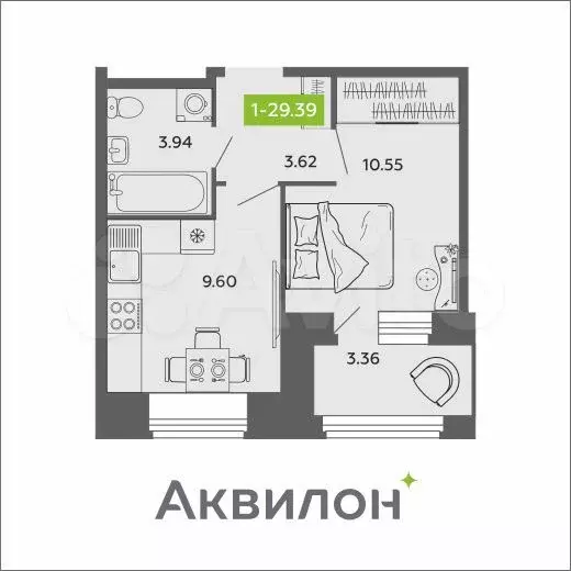 1-к. квартира, 29,4 м, 1/11 эт. - Фото 0