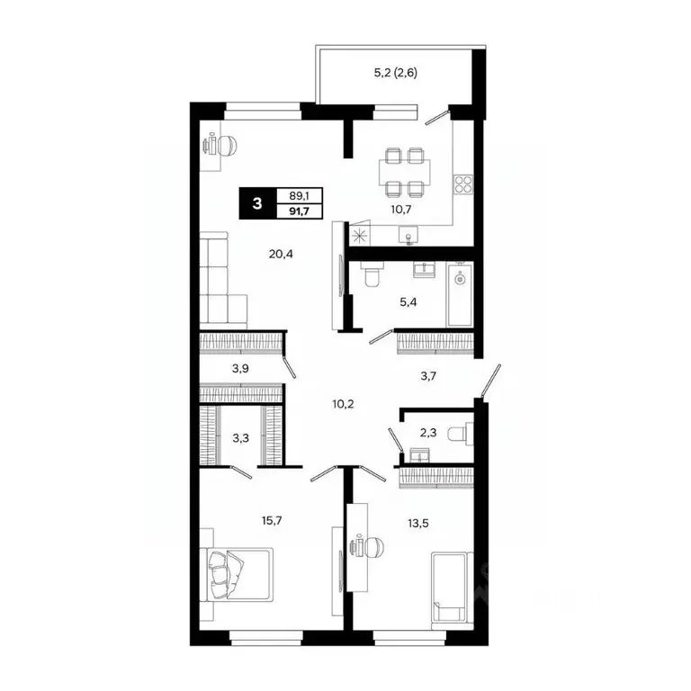 3-к кв. Новосибирская область, Кольцово рп, 5-й мкр  (91.7 м) - Фото 2