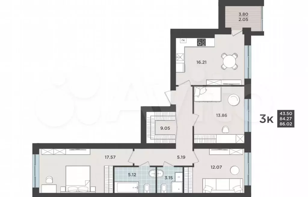 3-к. квартира, 84,5 м, 5/9 эт. - Фото 1