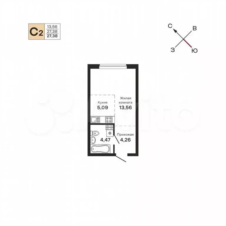 Квартира-студия, 27,4м, 2/25эт. - Фото 0